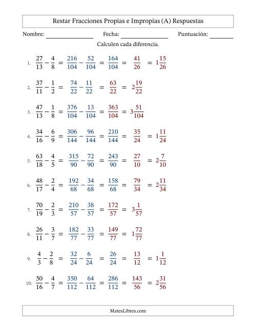 La hoja de ejercicios de Restar fracciones propias e impropias con denominadores diferentes, resultados en fracciones mixtas y con alguna simplificación (Rellenable) (A) Página 2