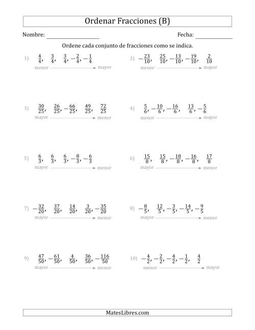 La hoja de ejercicios de Ordenar Conjuntos de Cinco Fracciones Positivas y Negativas, con Denominadores Similares (B)