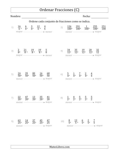 La hoja de ejercicios de Ordenar Conjuntos de Cinco Fracciones Positivas con Denominadores Similares (C)