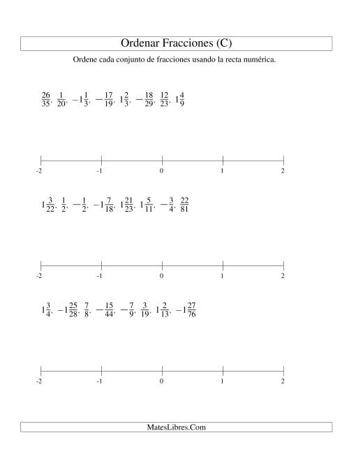 La hoja de ejercicios de Ordenar Fracciones en una Recta Numérica, Denominadores Hasta 100 con Negativos (C)