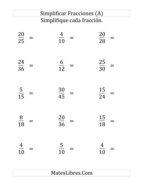 La hoja de ejercicios de Simplificar Fracciones (Fácil) (Grande)