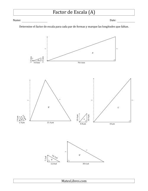 La hoja de ejercicios de Determine el Factor de Escala de Dos Triángulos y las Longitudes que Faltan (Factores de Escala en Intervalos Enteros) (A)
