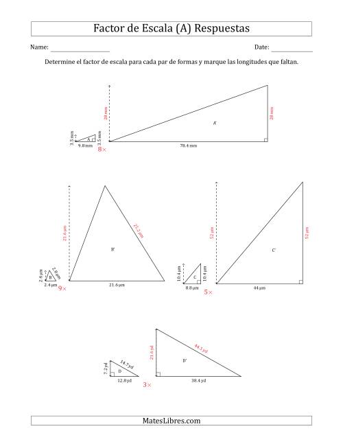 La hoja de ejercicios de Determine el Factor de Escala de Dos Triángulos y las Longitudes que Faltan (Factores de Escala en Intervalos Enteros) (A) Página 2