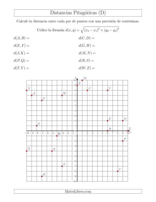 La hoja de ejercicios de Calcular la distancia entre dos puntos usando el Teorema de Pitágoras (D)