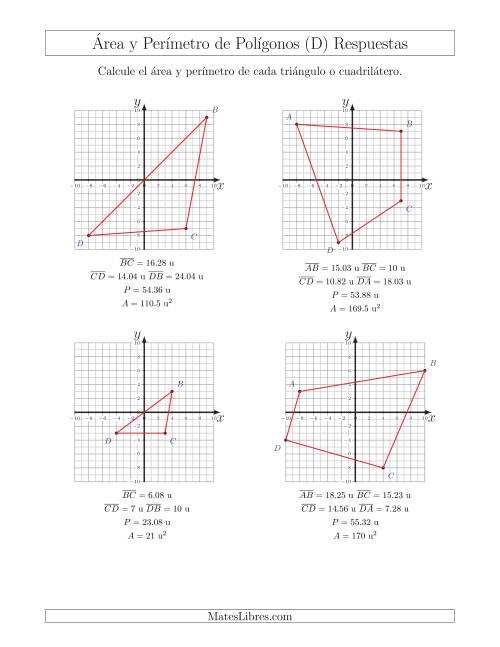 La hoja de ejercicios de Calcular el Área y el Perímetro de Triángulos y Cuadriláteros a partir de sus coordenadas (D) Página 2