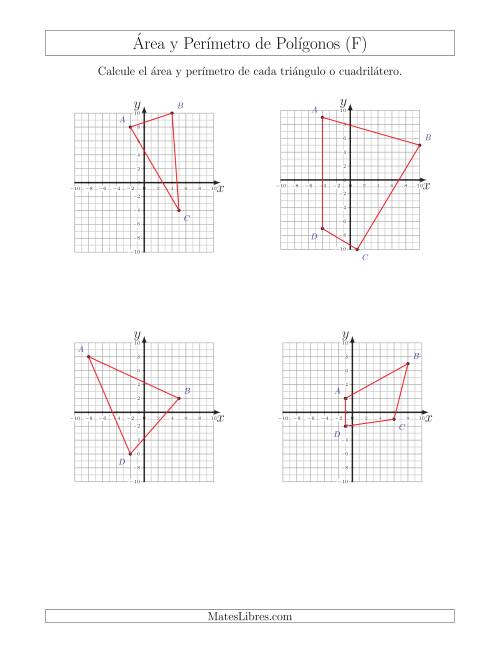 La hoja de ejercicios de Calcular el Área y el Perímetro de Triángulos y Cuadriláteros a partir de sus coordenadas (F)