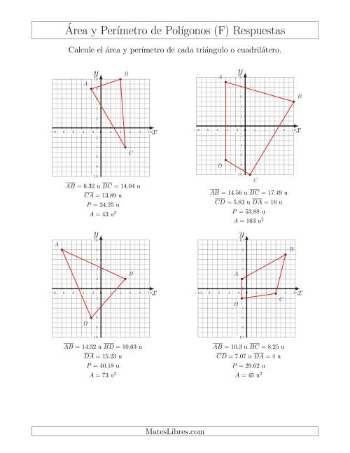La hoja de ejercicios de Calcular el Área y el Perímetro de Triángulos y Cuadriláteros a partir de sus coordenadas (F) Página 2
