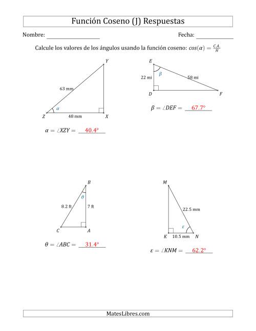 La hoja de ejercicios de Calcular Valores de Ángulos usando la Función Coseno (J) Página 2