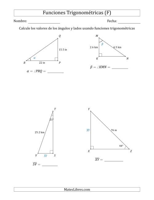 La hoja de ejercicios de Calcular Valores de Ángulos y Lados usando Funciones Trigonométricas (F)