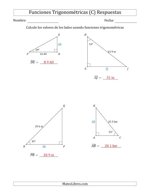 La hoja de ejercicios de Calcular Valores de Lados usando Funciones Trigonométricas (C) Página 2