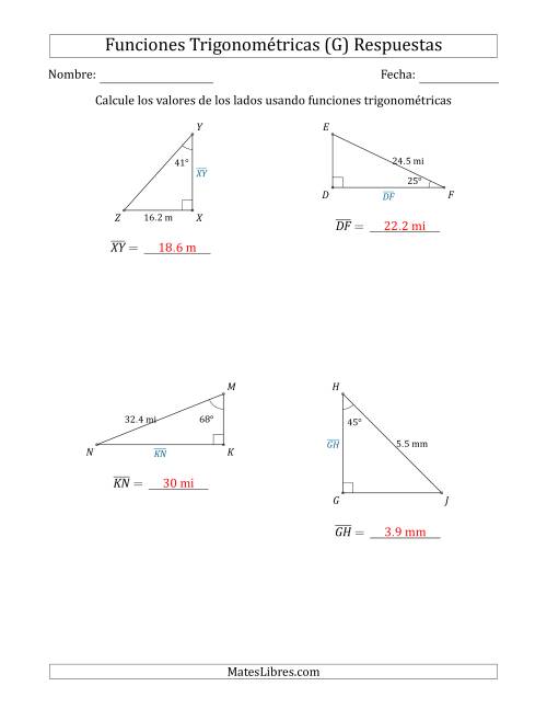 La hoja de ejercicios de Calcular Valores de Lados usando Funciones Trigonométricas (G) Página 2