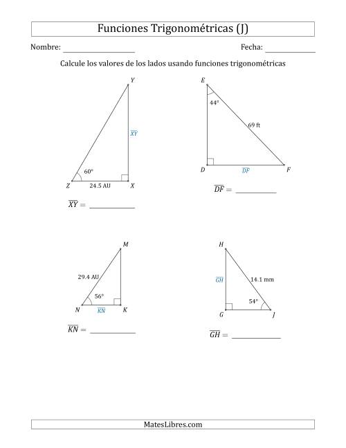 La hoja de ejercicios de Calcular Valores de Lados usando Funciones Trigonométricas (J)