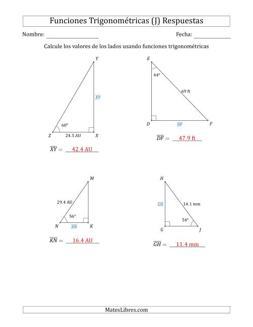 La hoja de ejercicios de Calcular Valores de Lados usando Funciones Trigonométricas (J) Página 2