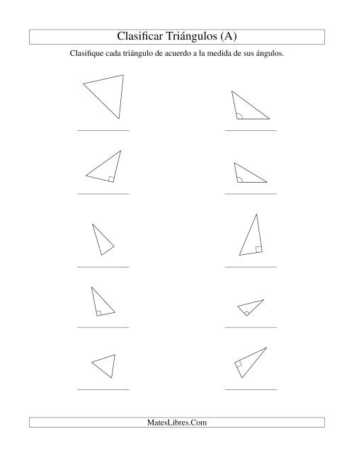 La hoja de ejercicios de Identificar Triángulos de Acuerdo a sus Ángulos (Todas)