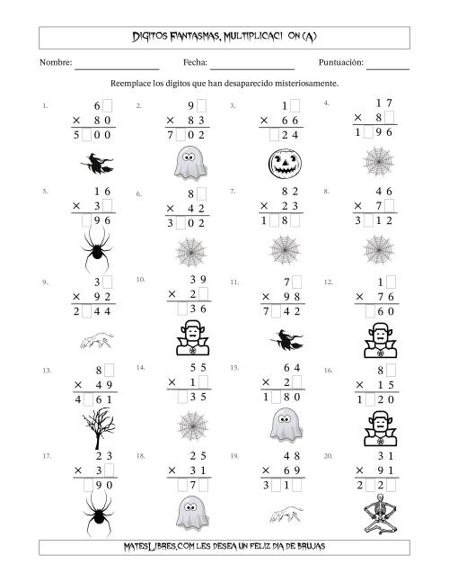 La hoja de ejercicios de Dígitos Robados por Figuras Fantasmas, Multiplicacióon (Versión Difícil) (A)