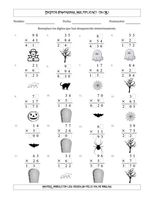 La hoja de ejercicios de Dígitos Robados por Figuras Fantasmas, Multiplicacióon (Versión Difícil) (B)
