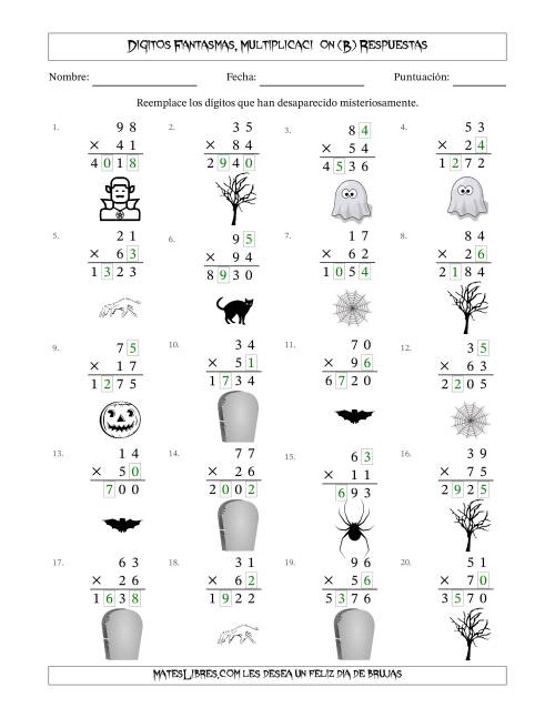 La hoja de ejercicios de Dígitos Robados por Figuras Fantasmas, Multiplicacióon (Versión Difícil) (B) Página 2
