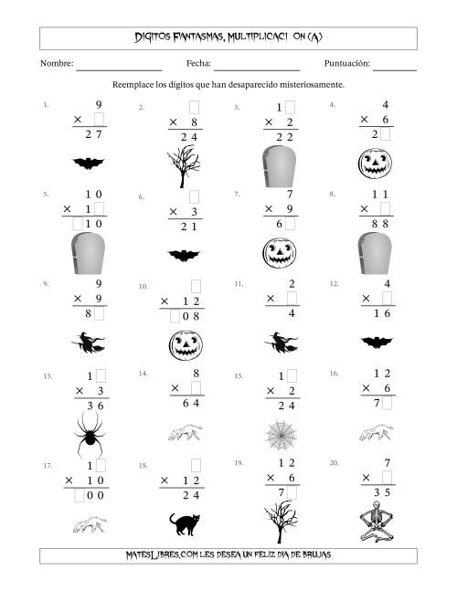 La hoja de ejercicios de Dígitos Robados por Figuras Fantasmas, Multiplicacióon (Versión Fácil) (A)