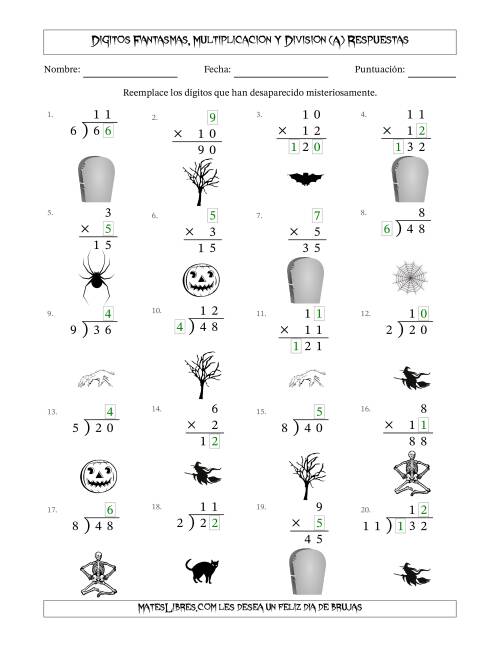 La hoja de ejercicios de Dígitos Robados por Figuras Fantasmas, Multiplicacion y Division (Versión Fácil) (A) Página 2