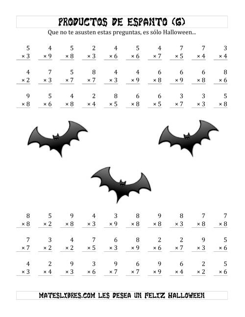 La hoja de ejercicios de Multiplicación Tenebrosa de 1 Dígito por 1 Dígito (G)