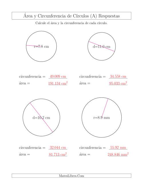 La hoja de ejercicios de Calcular la Circunferencia y el Área de Círculos (A) Página 2