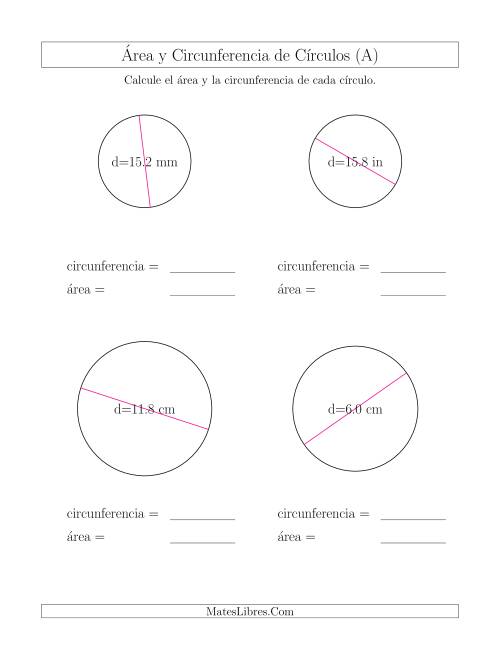 La hoja de ejercicios de Calcular la Circunferencia y el Área de Círculos a Partir del Diámetro (A)