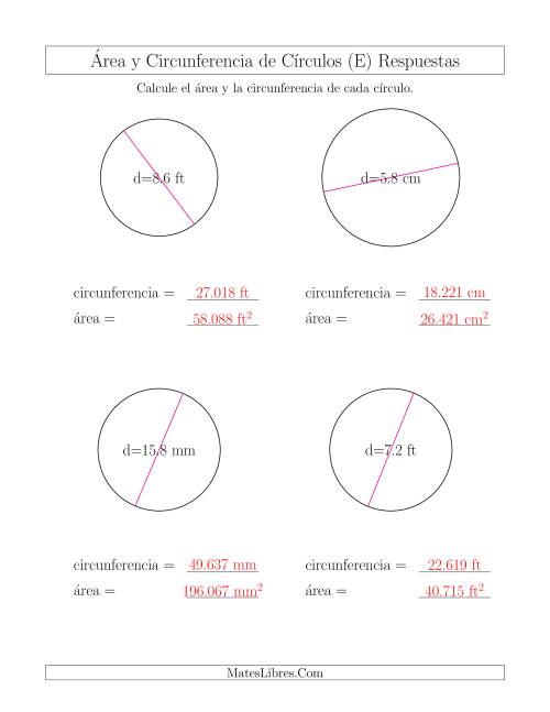 La hoja de ejercicios de Calcular la Circunferencia y el Área de Círculos a Partir del Diámetro (E) Página 2
