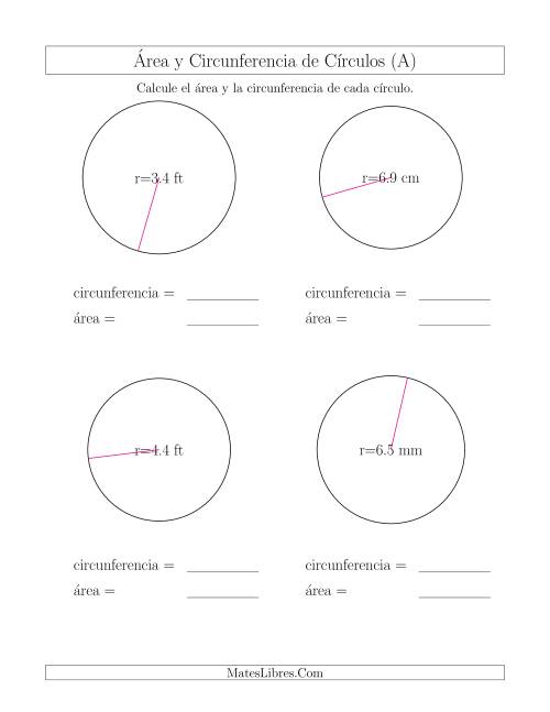 La hoja de ejercicios de Calcular la Circunferencia y el Área de Círculos a Partir del Radio (A)