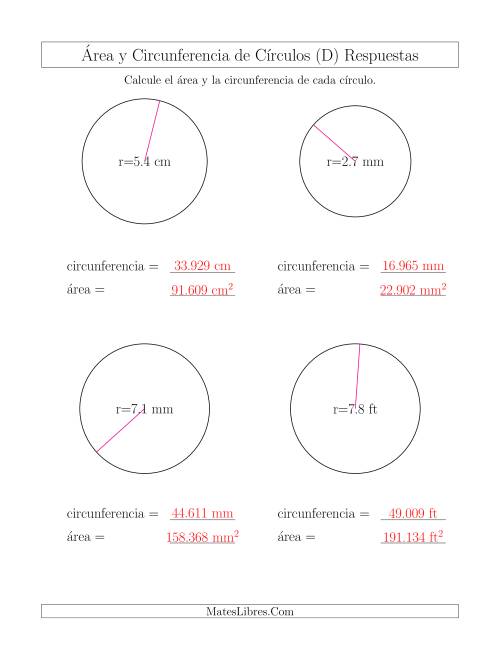 La hoja de ejercicios de Calcular la Circunferencia y el Área de Círculos a Partir del Radio (D) Página 2