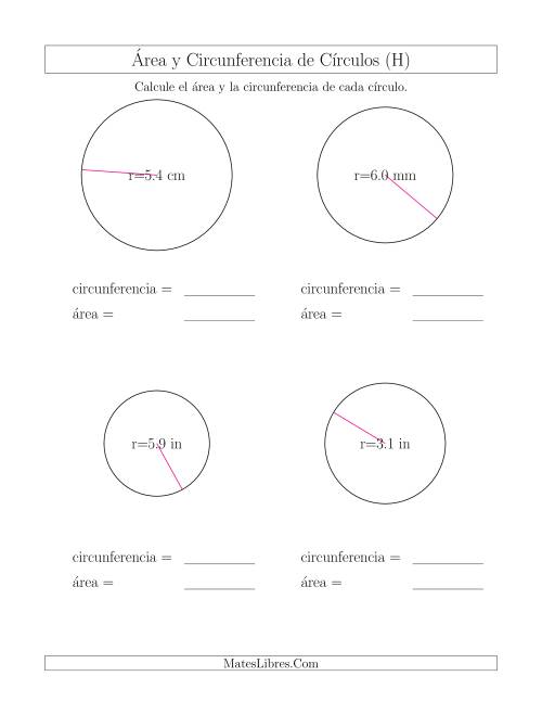 La hoja de ejercicios de Calcular la Circunferencia y el Área de Círculos a Partir del Radio (H)