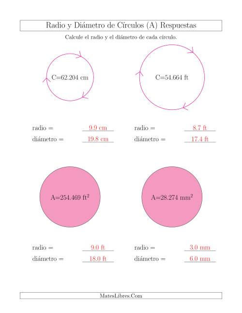 La hoja de ejercicios de Calcular el Radio y el Diámetro de Círculos (A) Página 2