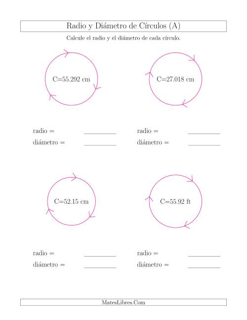 La hoja de ejercicios de Calcular el Radio y el Diámetro de Círculos a Partir de la Circunferencia (A)