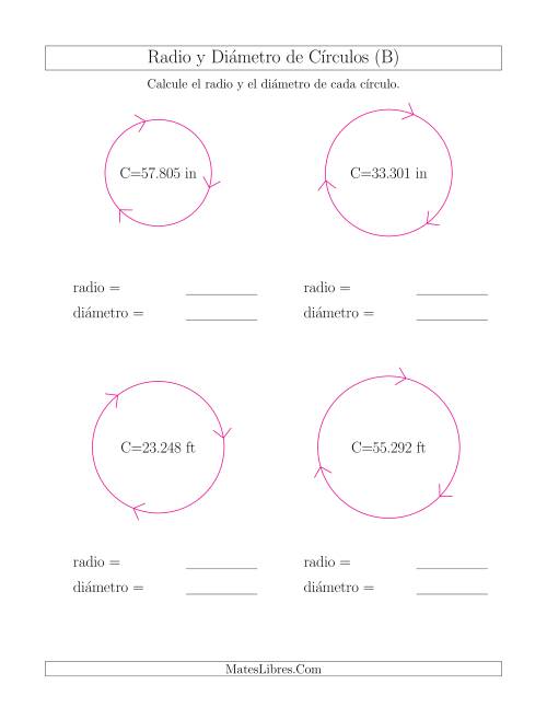 La hoja de ejercicios de Calcular el Radio y el Diámetro de Círculos a Partir de la Circunferencia (B)