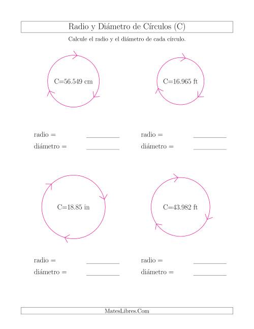 La hoja de ejercicios de Calcular el Radio y el Diámetro de Círculos a Partir de la Circunferencia (C)