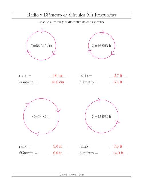 La hoja de ejercicios de Calcular el Radio y el Diámetro de Círculos a Partir de la Circunferencia (C) Página 2