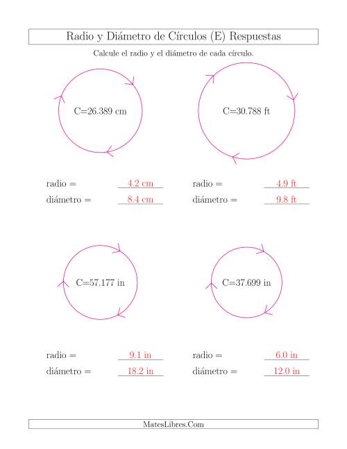 La hoja de ejercicios de Calcular el Radio y el Diámetro de Círculos a Partir de la Circunferencia (E) Página 2