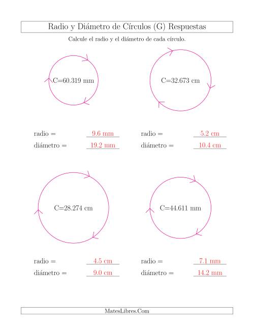 La hoja de ejercicios de Calcular el Radio y el Diámetro de Círculos a Partir de la Circunferencia (G) Página 2