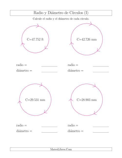 La hoja de ejercicios de Calcular el Radio y el Diámetro de Círculos a Partir de la Circunferencia (I)