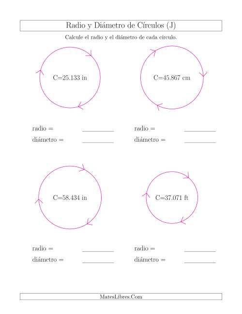 La hoja de ejercicios de Calcular el Radio y el Diámetro de Círculos a Partir de la Circunferencia (J)