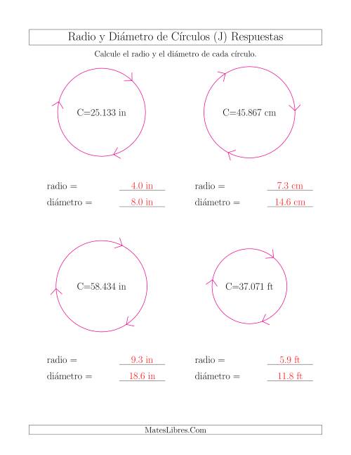 La hoja de ejercicios de Calcular el Radio y el Diámetro de Círculos a Partir de la Circunferencia (J) Página 2