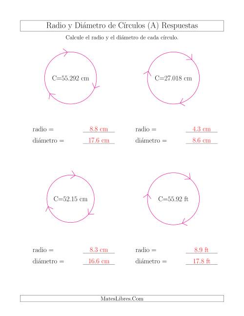 La hoja de ejercicios de Calcular el Radio y el Diámetro de Círculos a Partir de la Circunferencia (Todas) Página 2