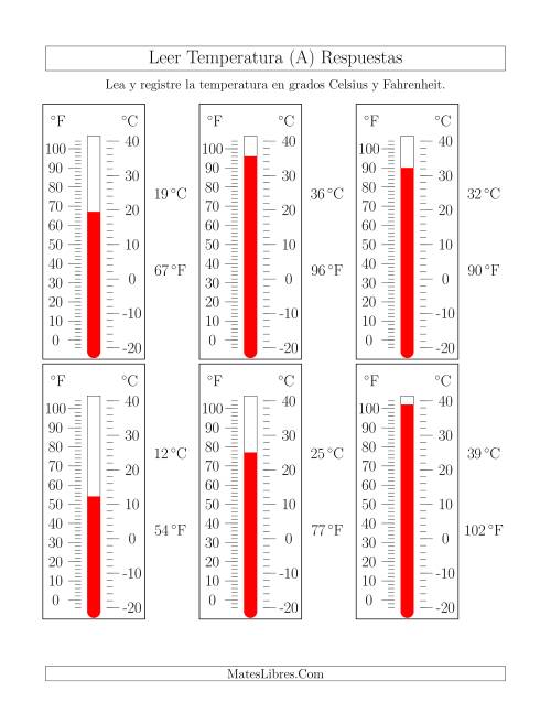 La hoja de ejercicios de Leer Temperatura de Termómetros (A) Página 2