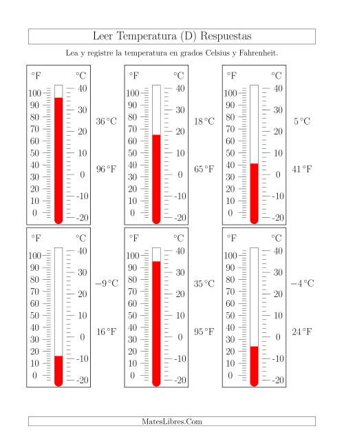 La hoja de ejercicios de Leer Temperatura de Termómetros (D) Página 2