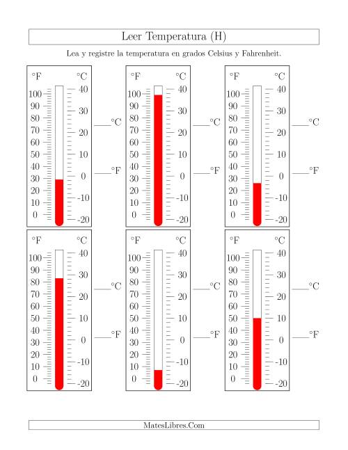 La hoja de ejercicios de Leer Temperatura de Termómetros (H)