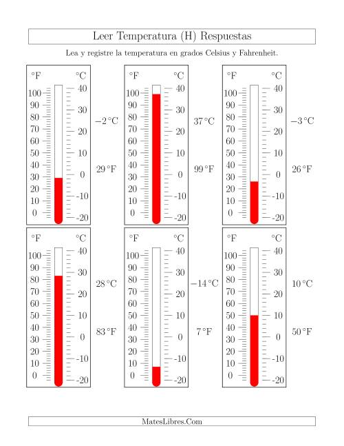 La hoja de ejercicios de Leer Temperatura de Termómetros (H) Página 2