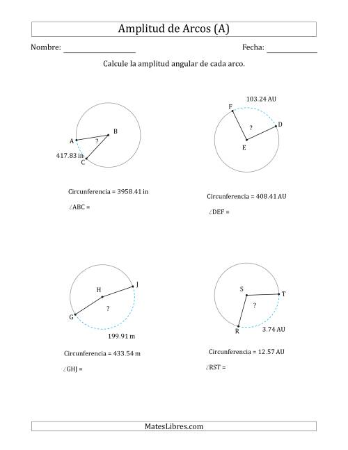 La hoja de ejercicios de Calcular la Amplitud de un Arco a partir de la Circunferencia (A)