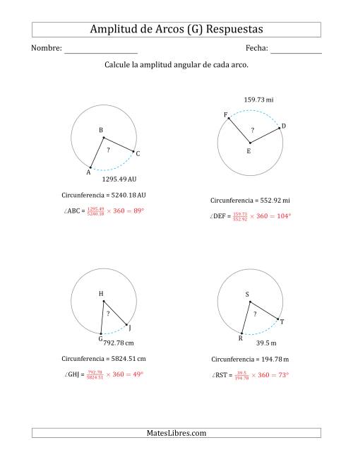 La hoja de ejercicios de Calcular la Amplitud de un Arco a partir de la Circunferencia (G) Página 2