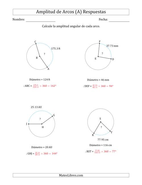 La hoja de ejercicios de Calcular la Amplitud de un Arco a partir del Diámetro (A) Página 2