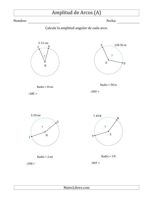 La hoja de ejercicios de Calcular la Amplitud de un Arco a partir del Radio (A)
