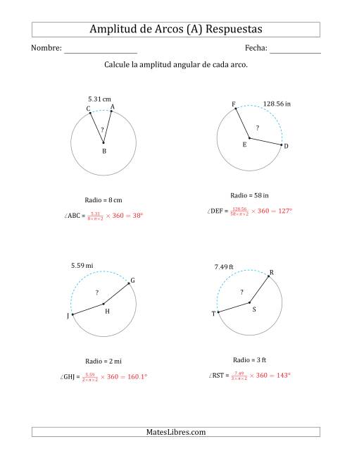 La hoja de ejercicios de Calcular la Amplitud de un Arco a partir del Radio (A) Página 2